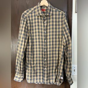 Isia Cotton Navy/Tan Checkered Shirt - Large